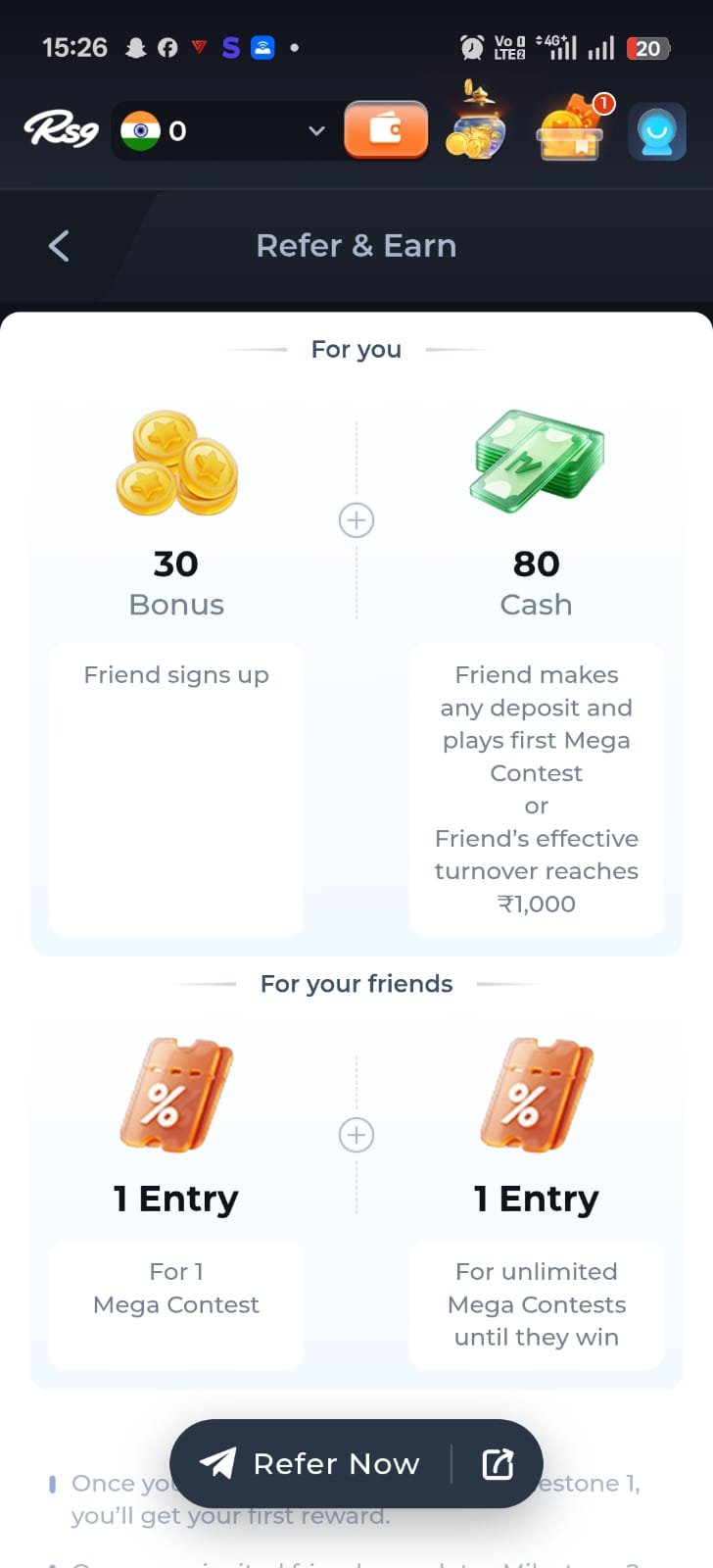 Rs9 Game refer and earn screen showing ₹80 cash reward and 30 bonus coins for friend signup
