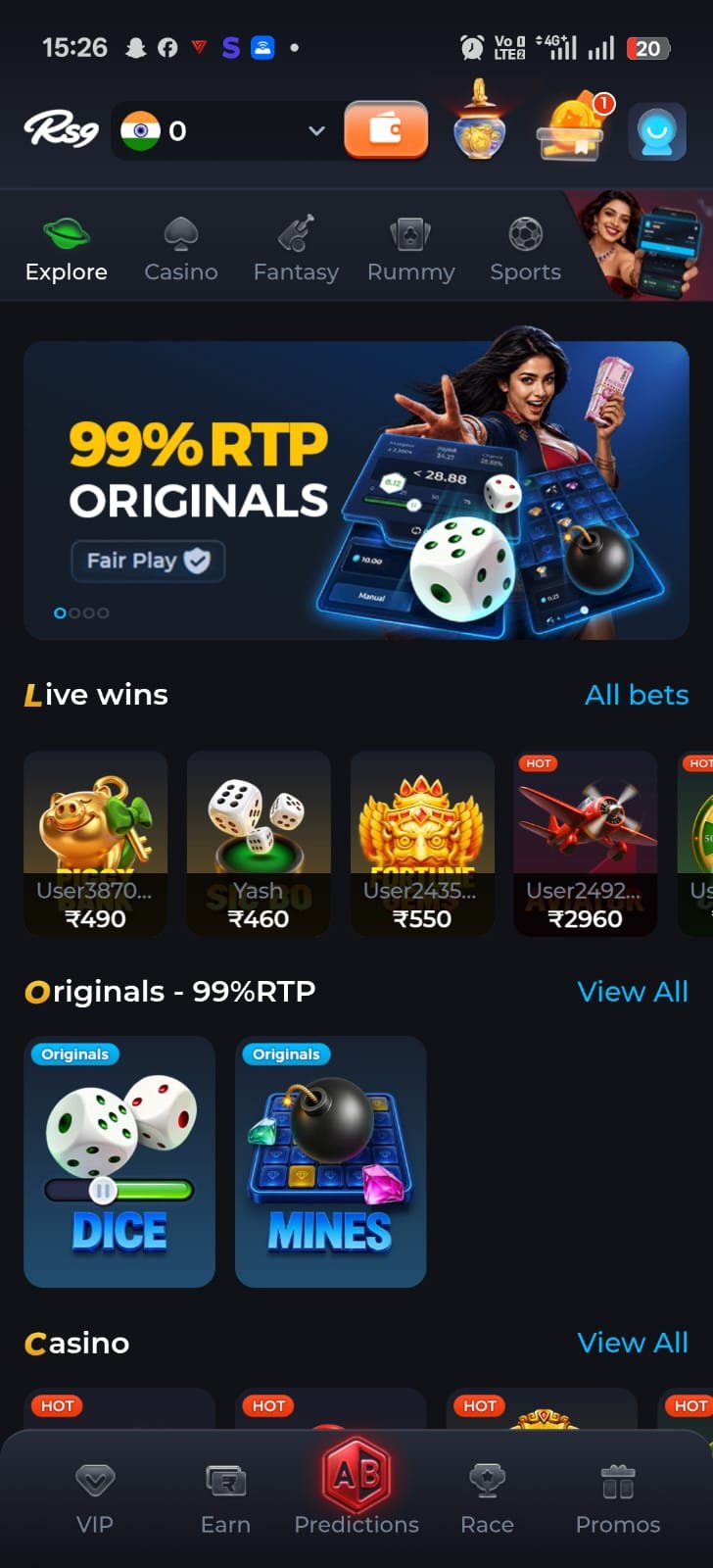 Rs9 Game home screen showing live wins dice mines sports and casino games with 99 percent RTP originals