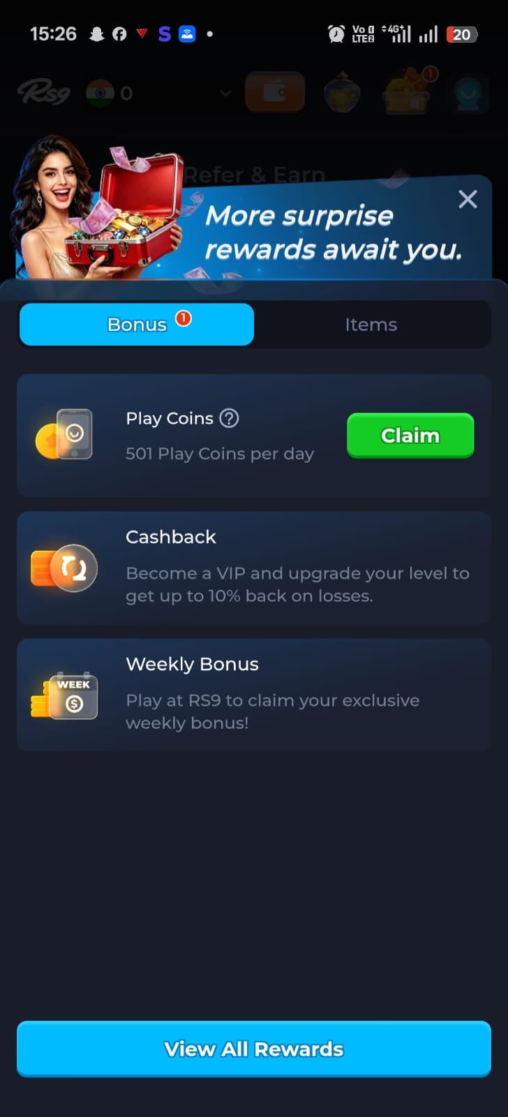 Rs9 Game bonus screen with daily play coins cashback weekly rewards and claim button